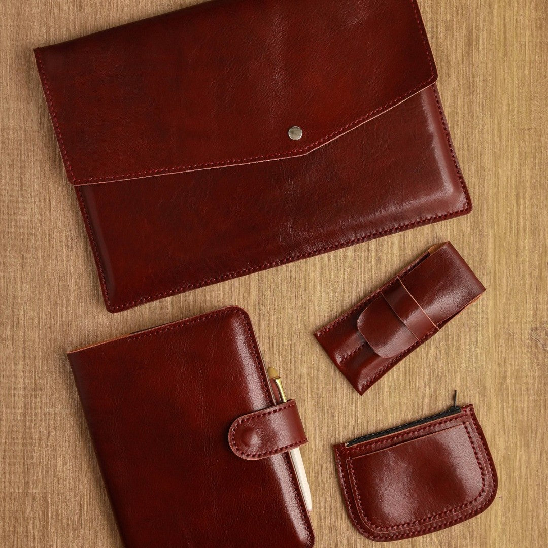 Handmade leather work essentials for laptops, totes and everyday carry