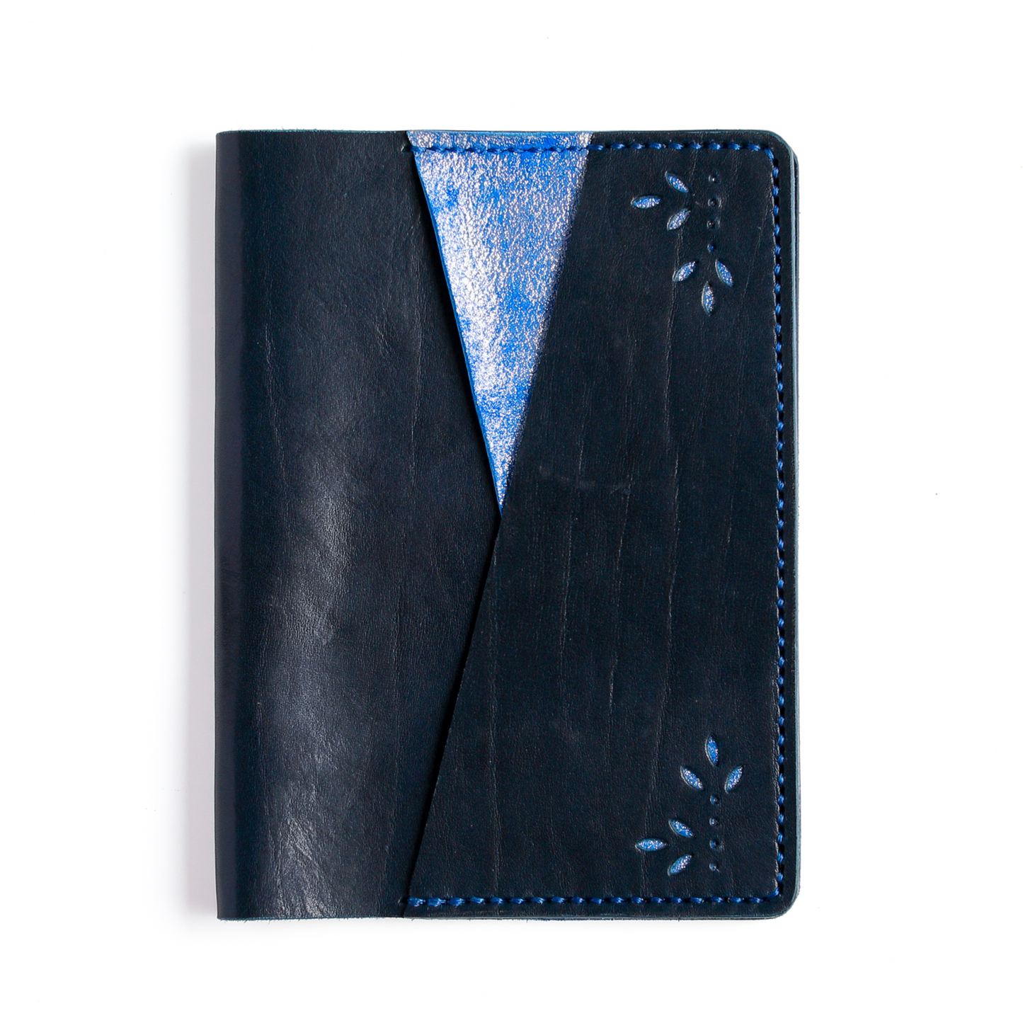 A5 cover front view in Storm leather with punch design