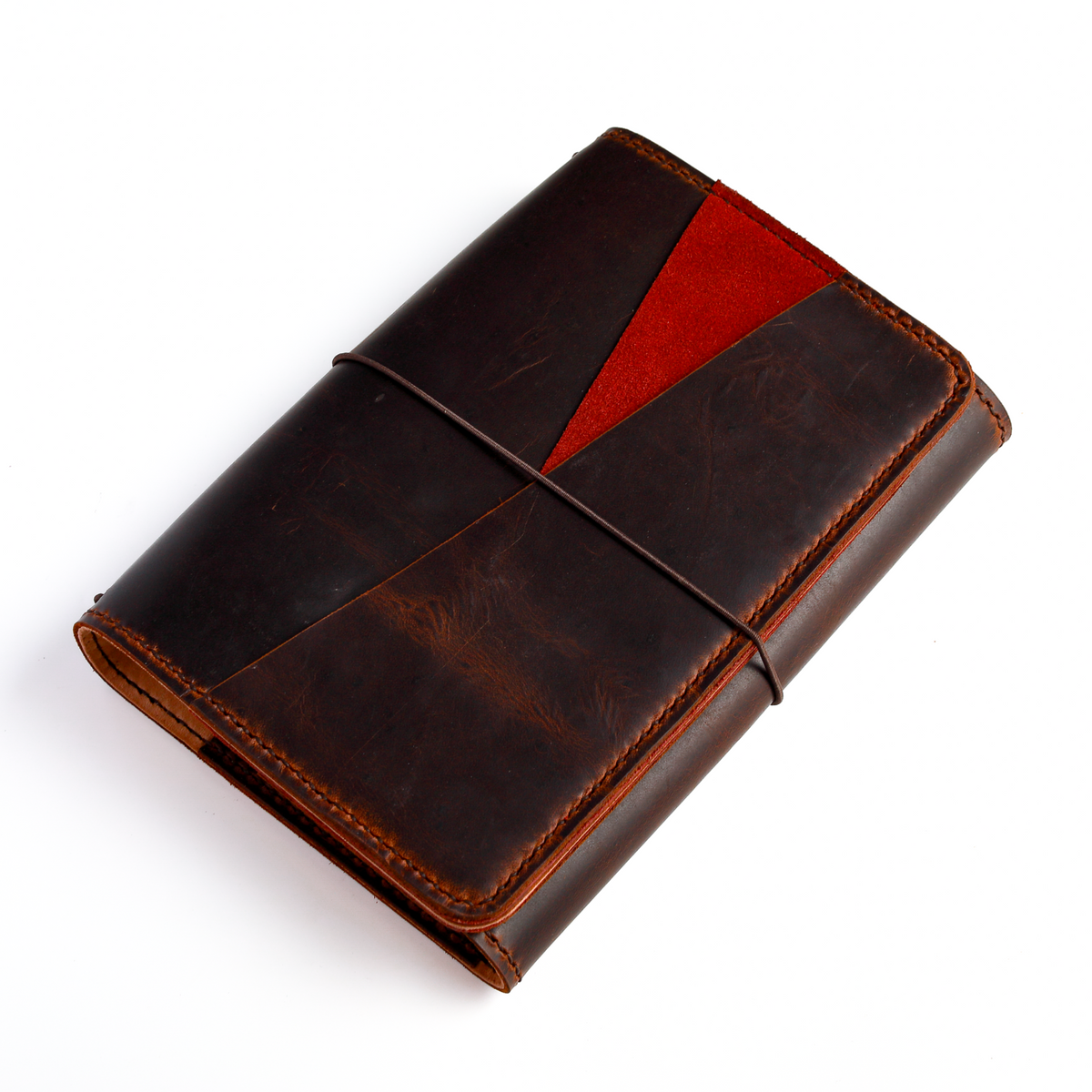 Ready to ship A5 trifold cover shown closed in Espresso leather
