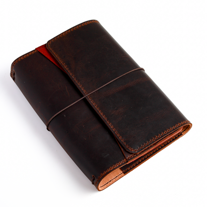 Closed angled view of A5 trifold leather cover in Espresso
