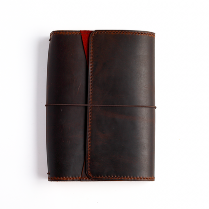 Front view of A5 trifold cover in Espresso leather