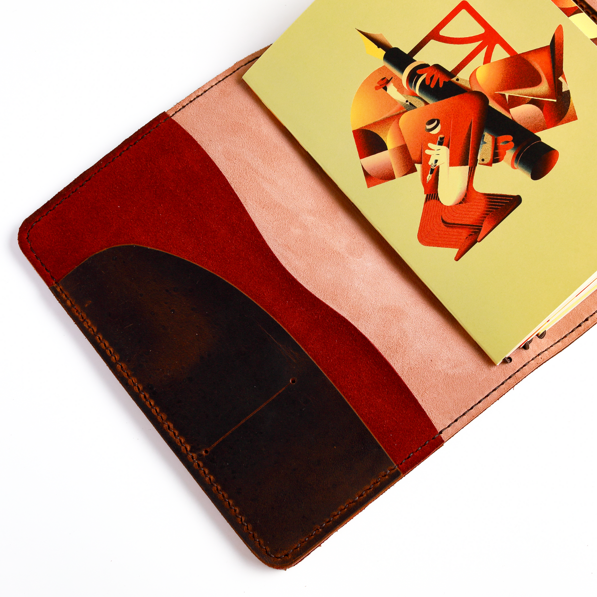Angled open view of A5 trifold cover with interior pockets