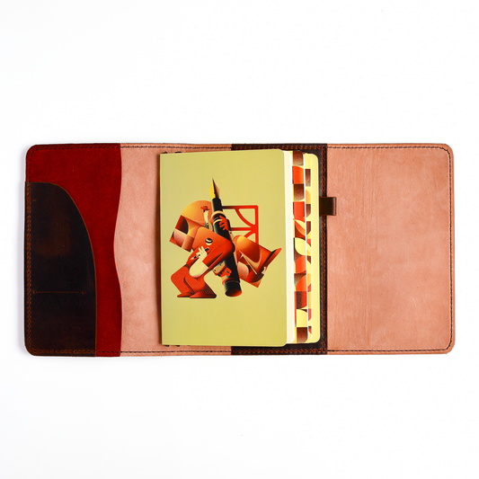 Open flat view of A5 trifold leather planner cover in Espresso