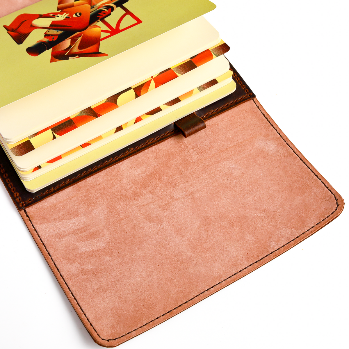 Open flat view of A5 trifold leather planner cover in Espresso