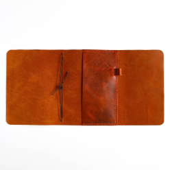 Open flat view of A5 Trifold leather planner cover in Cognac