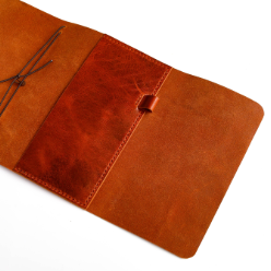 Open angle view of A5 Trifold leather cover in Cognac