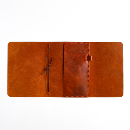 A5 trifold cover in Cognac leather open flat