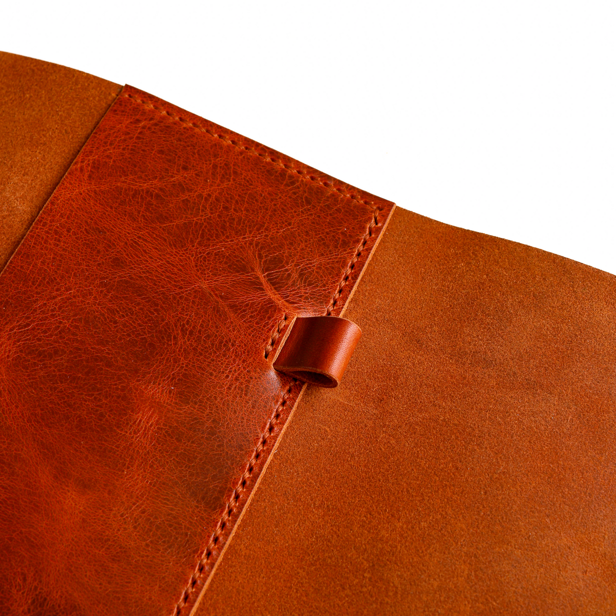 A5 trifold in Cognac leather pen loop detail