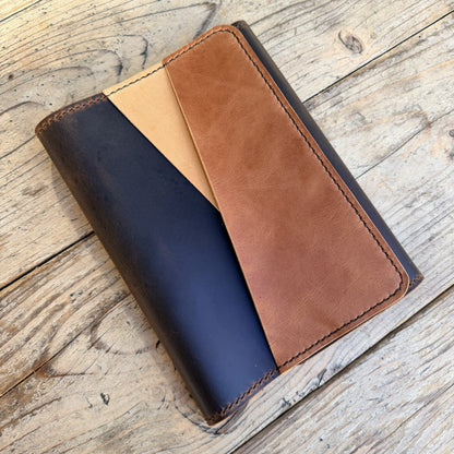 A5 trifold cover in espresso leather closed angled