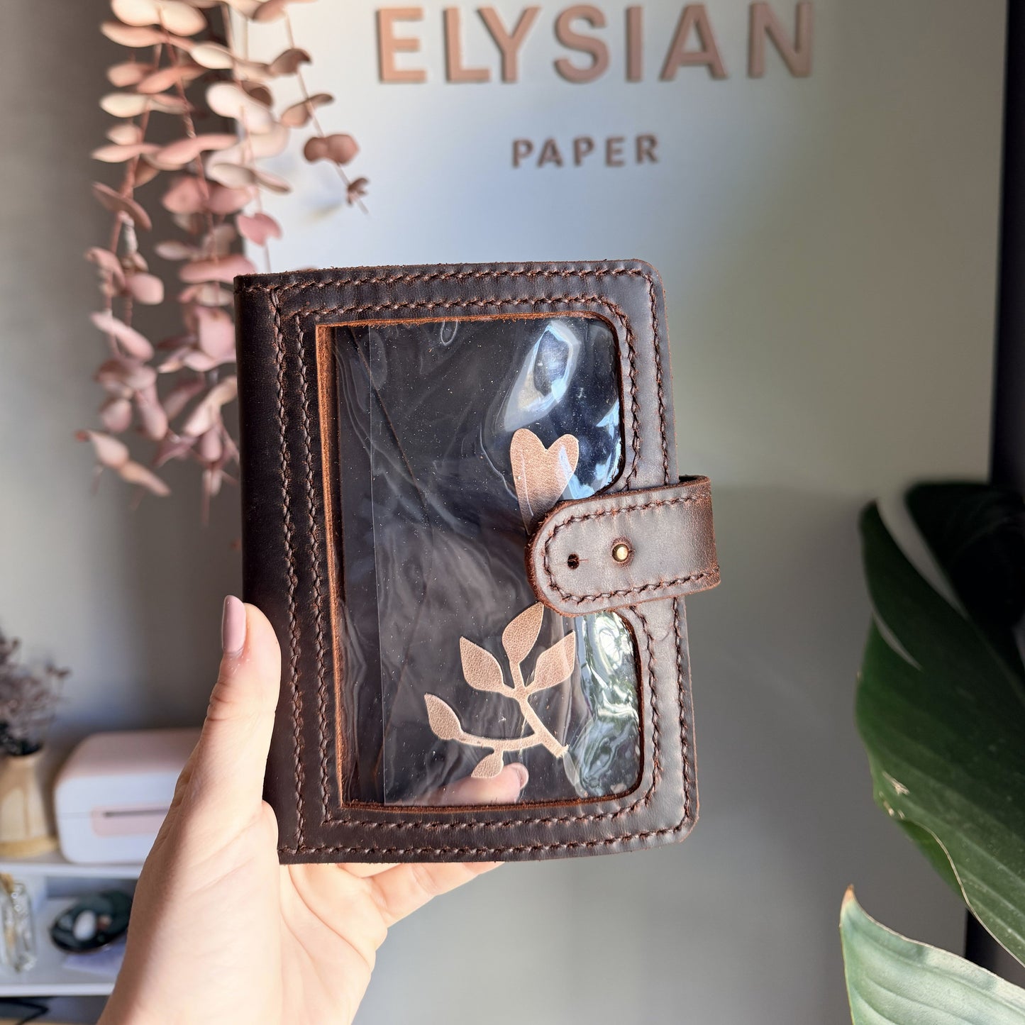 A6 Areti leather planner cover in Espresso with clear front pocket and pen loop