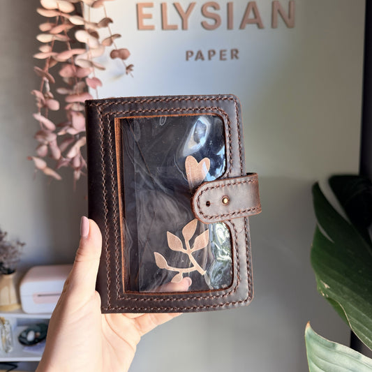 A6 Areti leather planner cover in Espresso with clear front pocket and pen loop