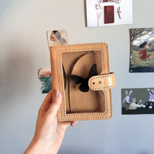 Ready to ship A6 Areti leather cover in Undyed leather with transparent front window pocket