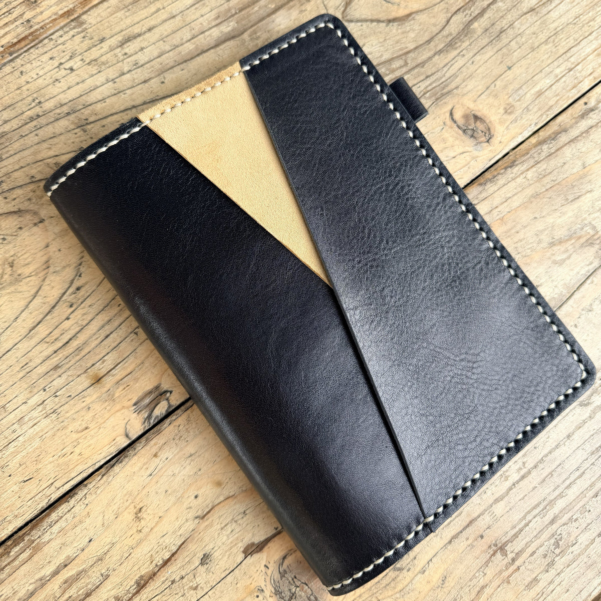 Ready to ship B6 Petras leather cover with diagonal pocket in Nero and Beige leather