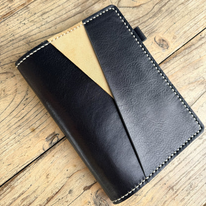 Ready to ship B6 Petras leather cover with diagonal pocket in Nero and Beige leather