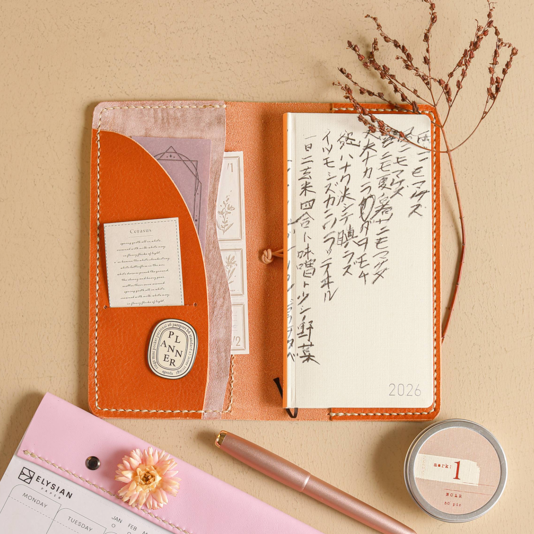 Hobonichi weeks cover open flat in Antico leather