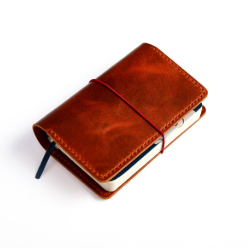 Detail of handmade Pocket leather cover in Cognac leather