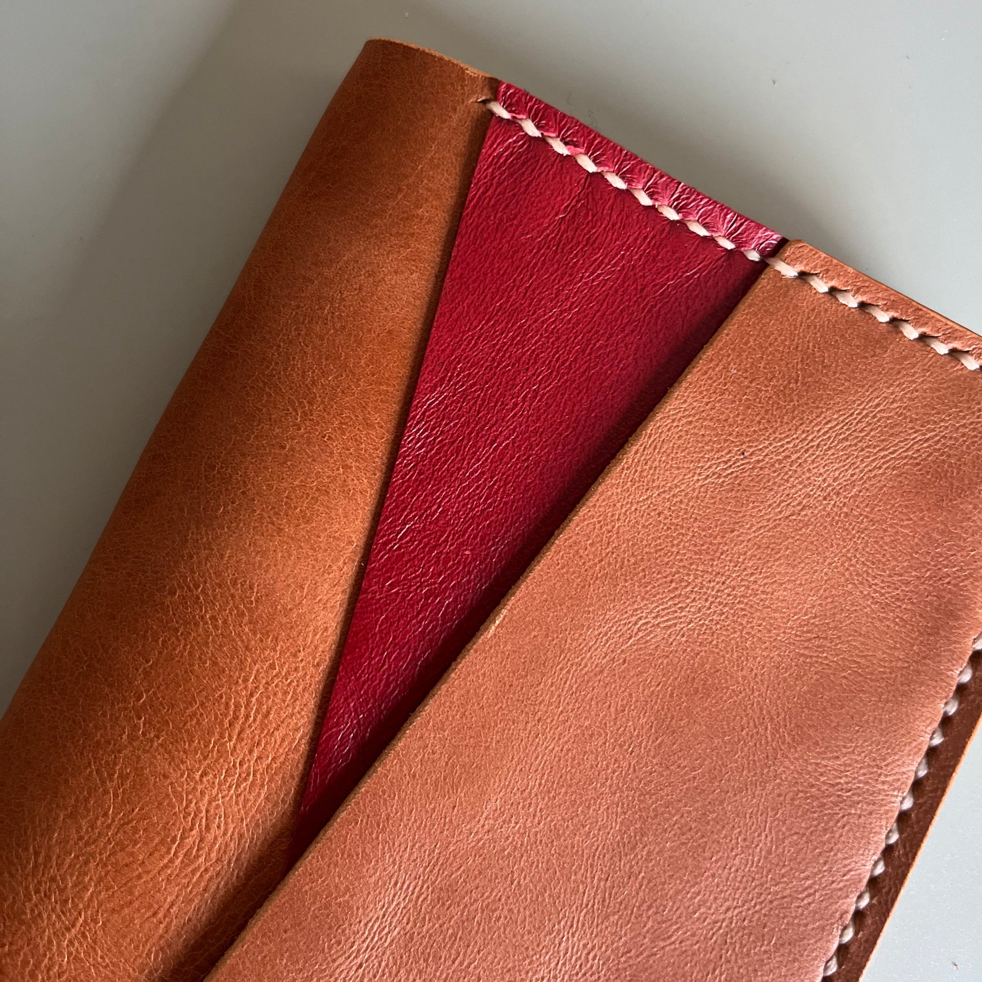 Cherry leather accent detail on Traveler’s Notebook cover