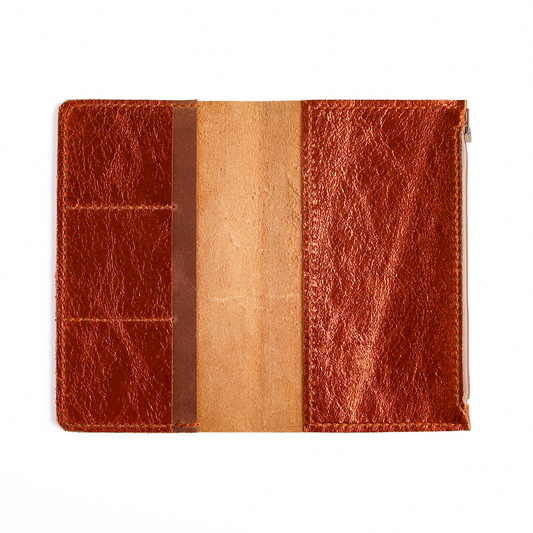 Open flat TN Insert Wallet in Ember leather with interior pocket layout