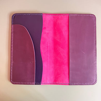 Open flat TN Aris leather cover in Deep Purple, Fuchsia and Blueberry