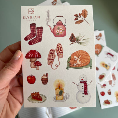 Winter-themed washi stickers featuring various designs including a tea set, a mushroom, a snowman, and other cold-weather related images.