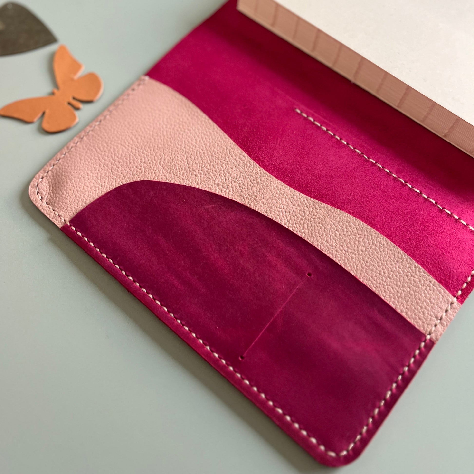 Open view of A5 leather planner cover in Raspberry and Heather