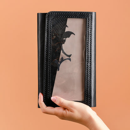 Atelier Areti trifold leather planner cover with transparent window detail