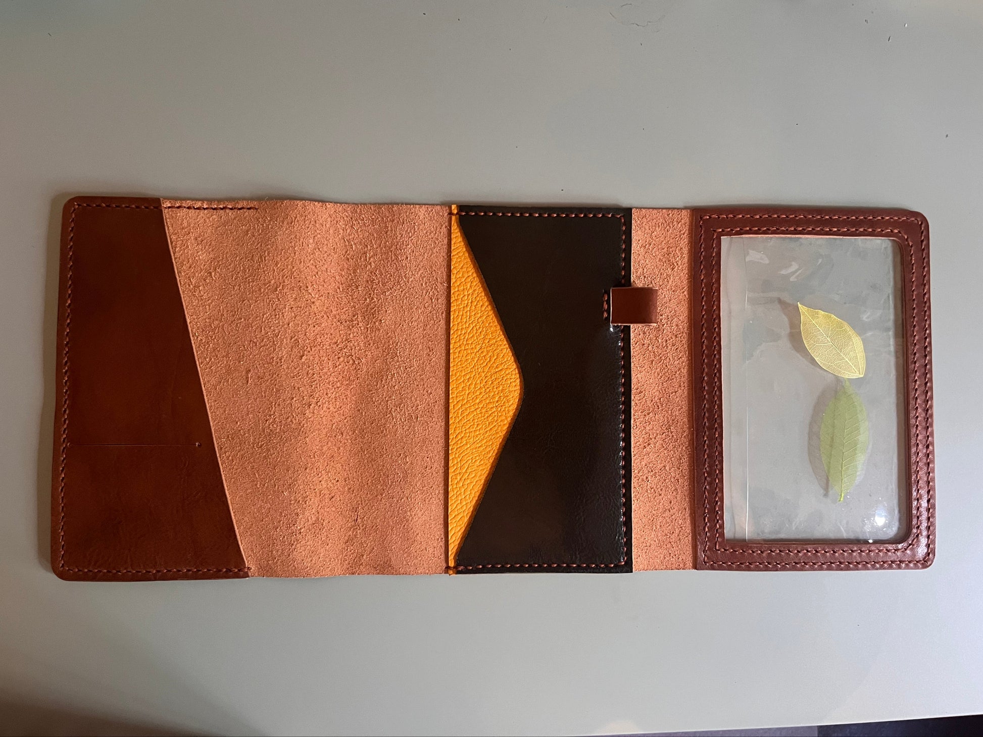 Open view of B6 trifold leather notebook cover