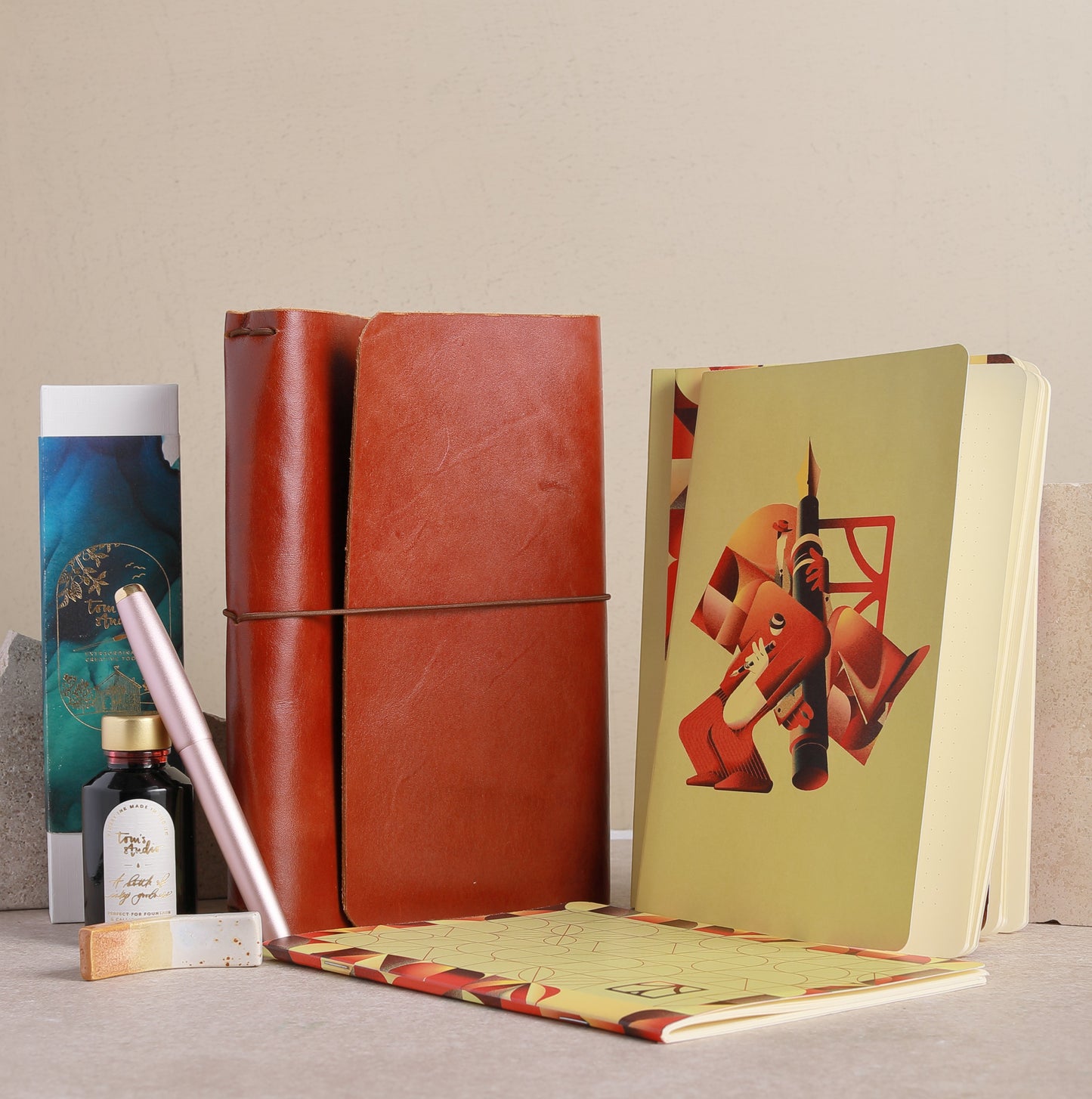 Ink Elysian Ritual bundle with leather cover, notebook inserts, fountain pen, ink and ceramic pen rest