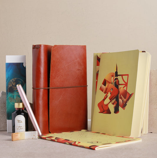 Ink Elysian Ritual bundle with leather cover, notebook inserts, fountain pen, ink and ceramic pen rest