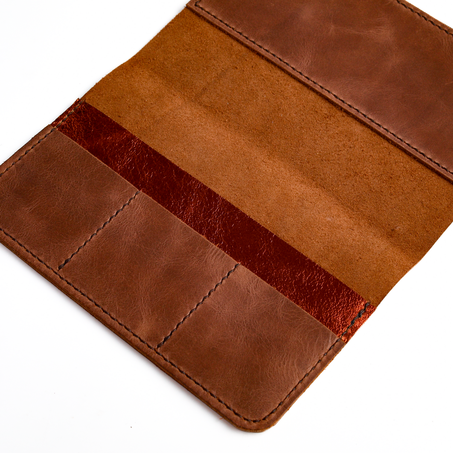 Angled view of leather insert wallet with pocket layout