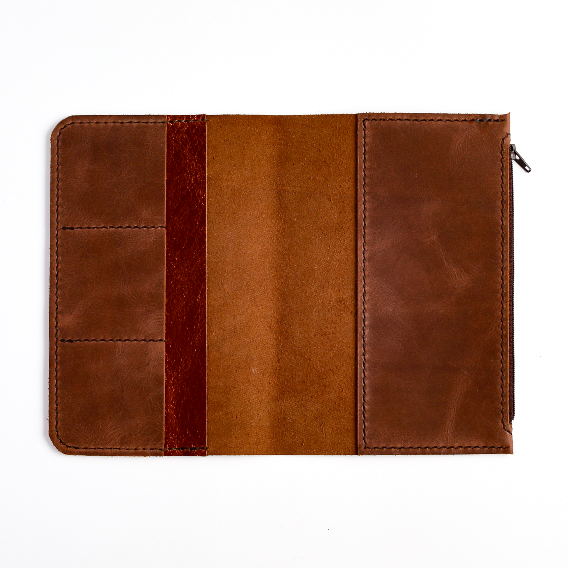 Open flat leather insert wallet with card slots and zipper pocket