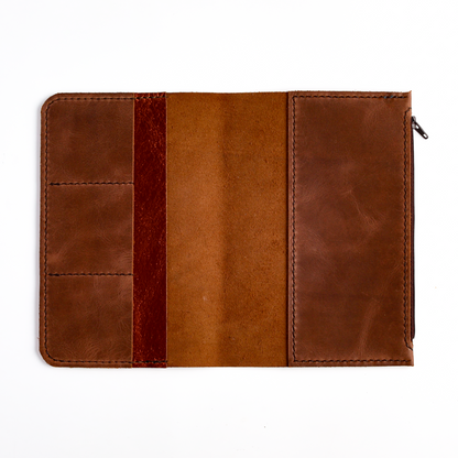 Open flat leather insert wallet with card slots and zipper pocket