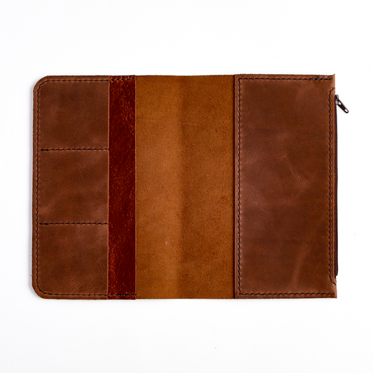 Open flat leather insert wallet with card slots and zipper pocket