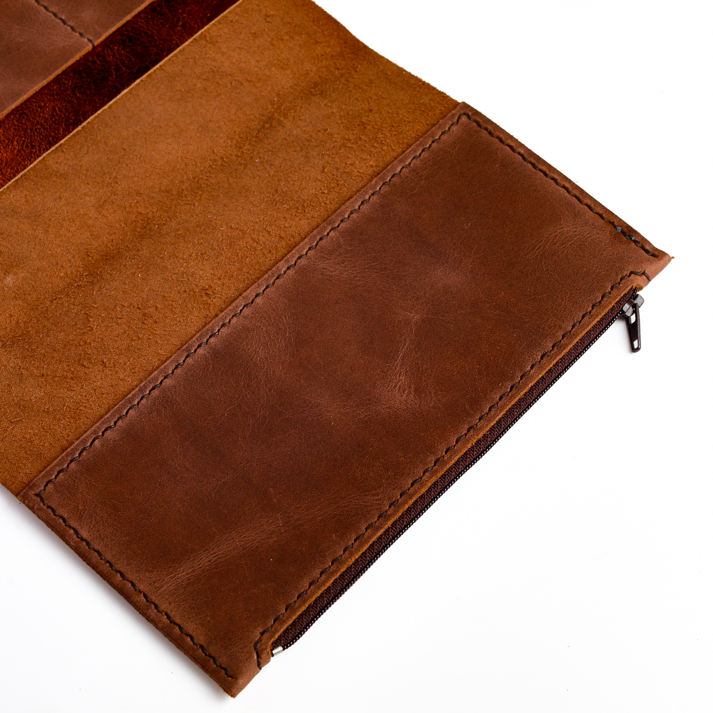 Zipper pocket detail on handmade leather insert wallet
