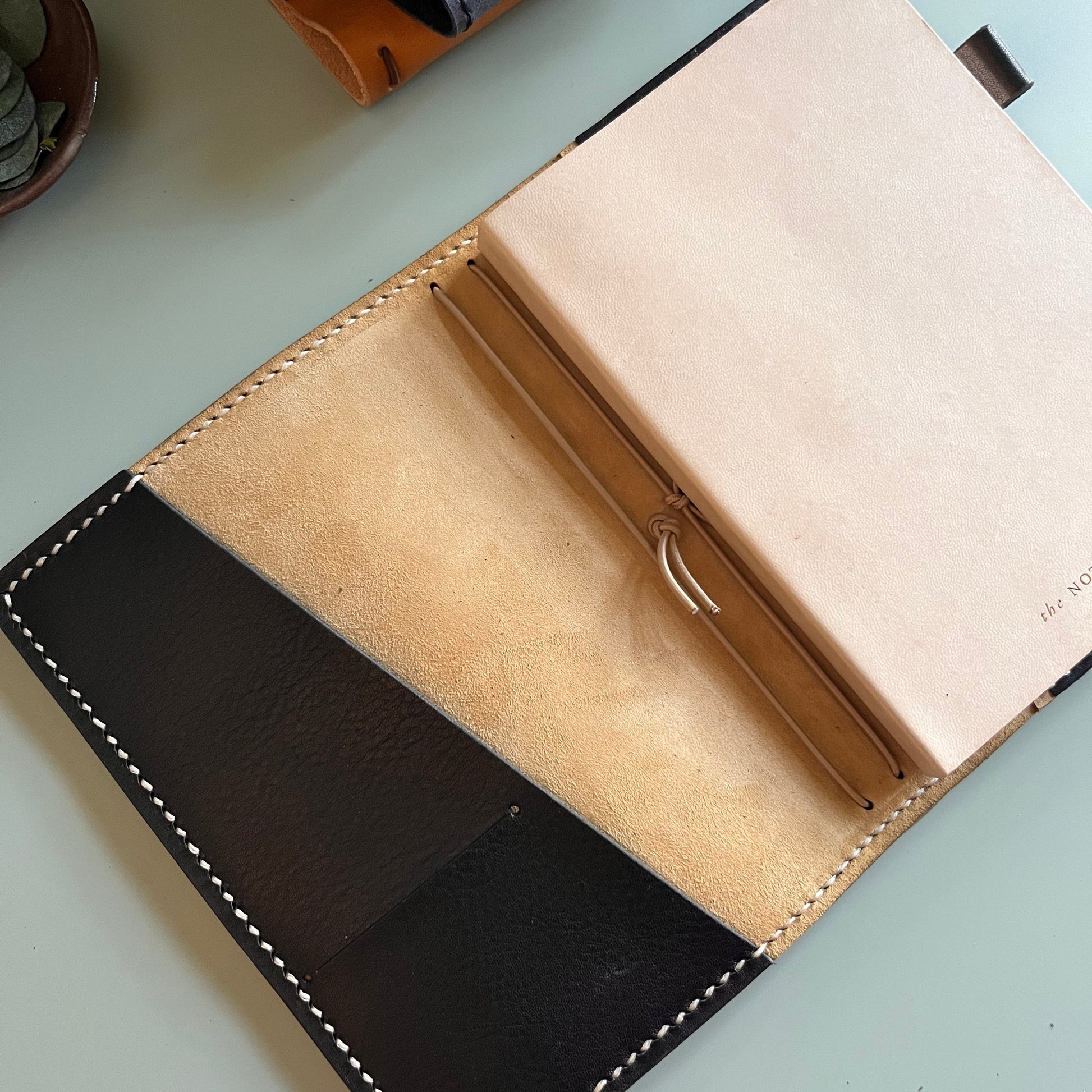 Open B6 Petras leather planner cover with Beige inner accent