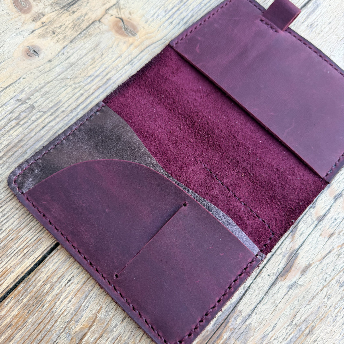 Open Passport size leather cover with interior pocket layout