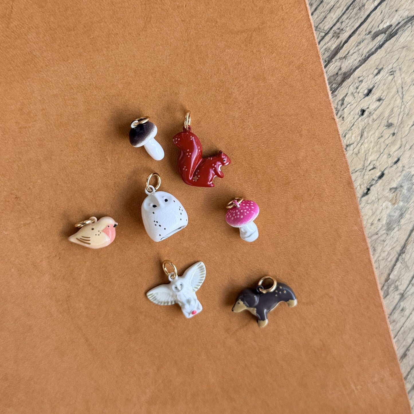 Woodland ceramic planner charms with owls, mushrooms and forest animals