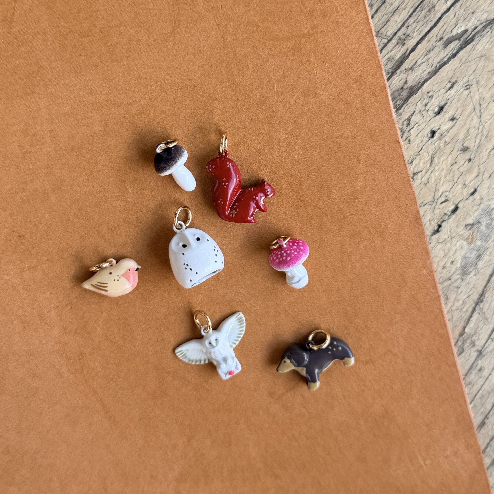Woodland ceramic planner charms with owls, mushrooms and forest animals