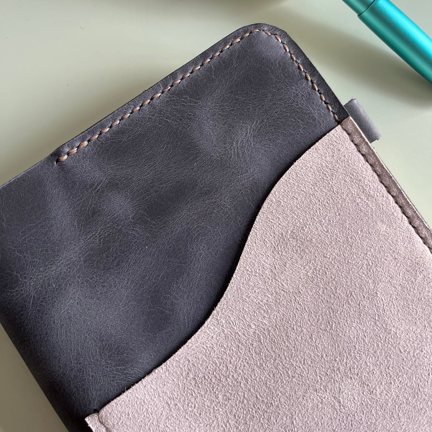 Ready to ship A5 leather cover in Midnight and Ice Grey leather