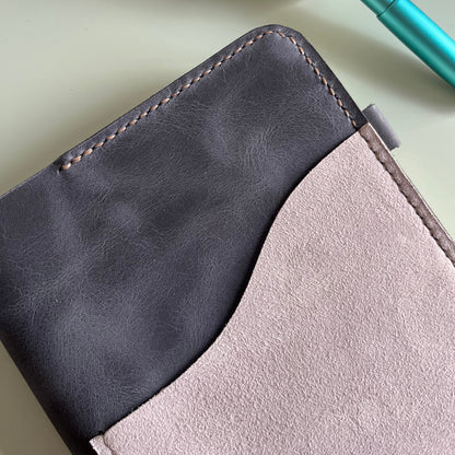 Ready to ship A5 leather cover in Midnight and Ice Grey leather