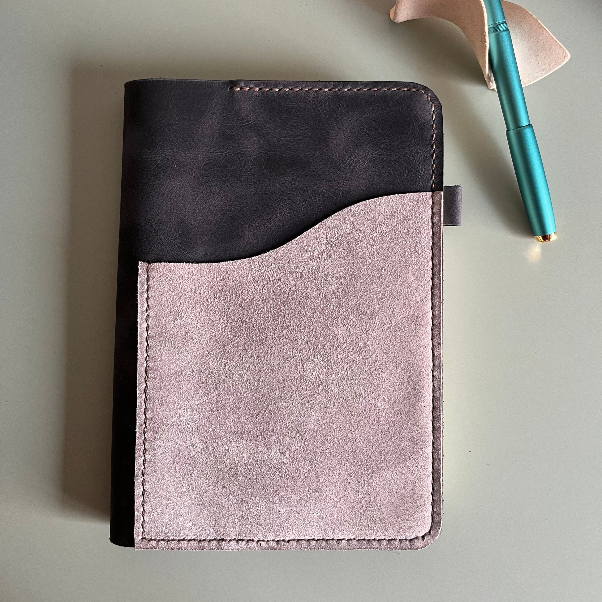 A5 handmade leather cover in Midnight leather with Ice Grey pocket