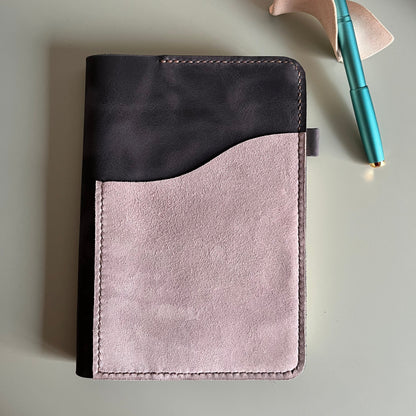 A5 handmade leather cover in Midnight leather with Ice Grey pocket