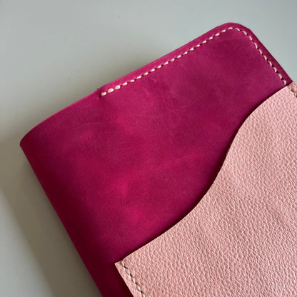 Closed A5 handmade leather cover in Raspberry leather