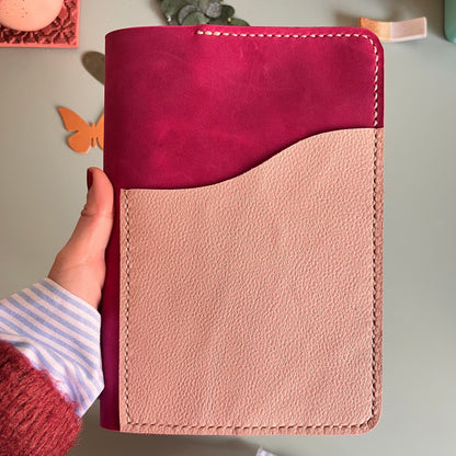 Ready to ship A5 leather cover in Raspberry and Heather leather