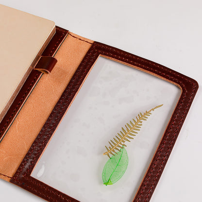 Transparent window pocket detail on B6 Areti trifold leather cover