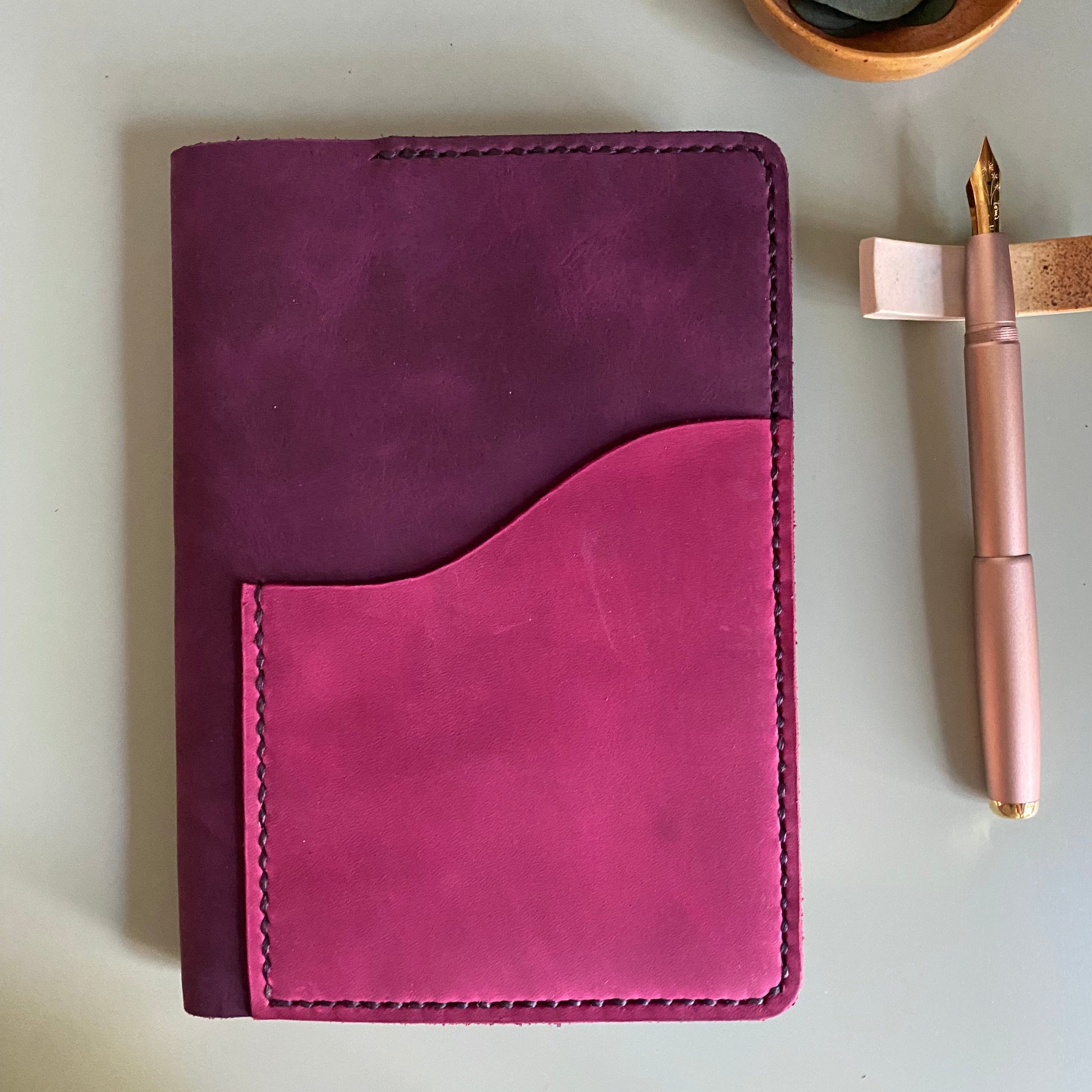 Ready to ship B6 leather notebook cover with berry front pocket