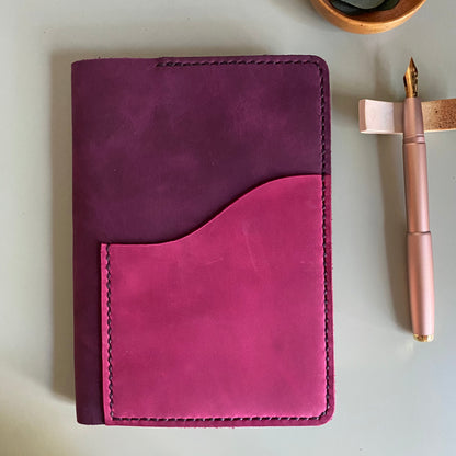 Ready to ship B6 leather notebook cover with berry front pocket