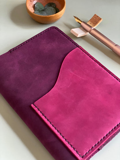 Ready to ship B6 handmade leather notebook cover with berry front pocket