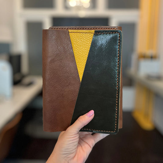 Ready to ship B6 trifold leather cover in Rame, Curry and Verde leather