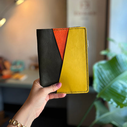 Ready to ship B6 Petras leather cover in Verde, Naranja and Sunshine leather